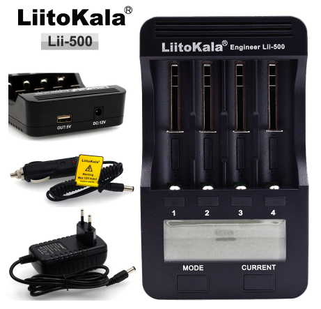 Lii-500+US+CAR       Cargador de Baterías inteligente LiitoKala Lii-500, Input: 100-240VAC, 50/60HZ, Liitokala Lii-500 LCD 3.7 V 18650 18350 18500 16340 17500 25500 10440 14500 26650 1.2 V AA AAA NiMH