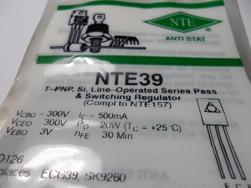 NTE39  Transistor Pnp Silicon 300v Ic-0.5a To-126 Case Line Oper