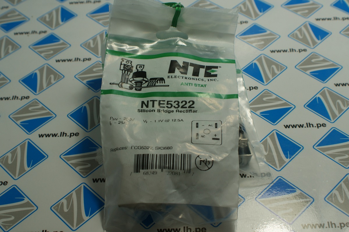 NTE5322            Diodo puente rectificador, monofásico, 200V, 25A, THT