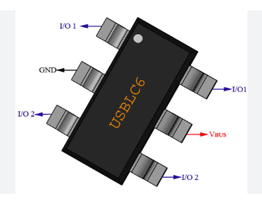 USBLC6-2P6              Diodo matriz TVS, 6V, bidireccional, SOT666