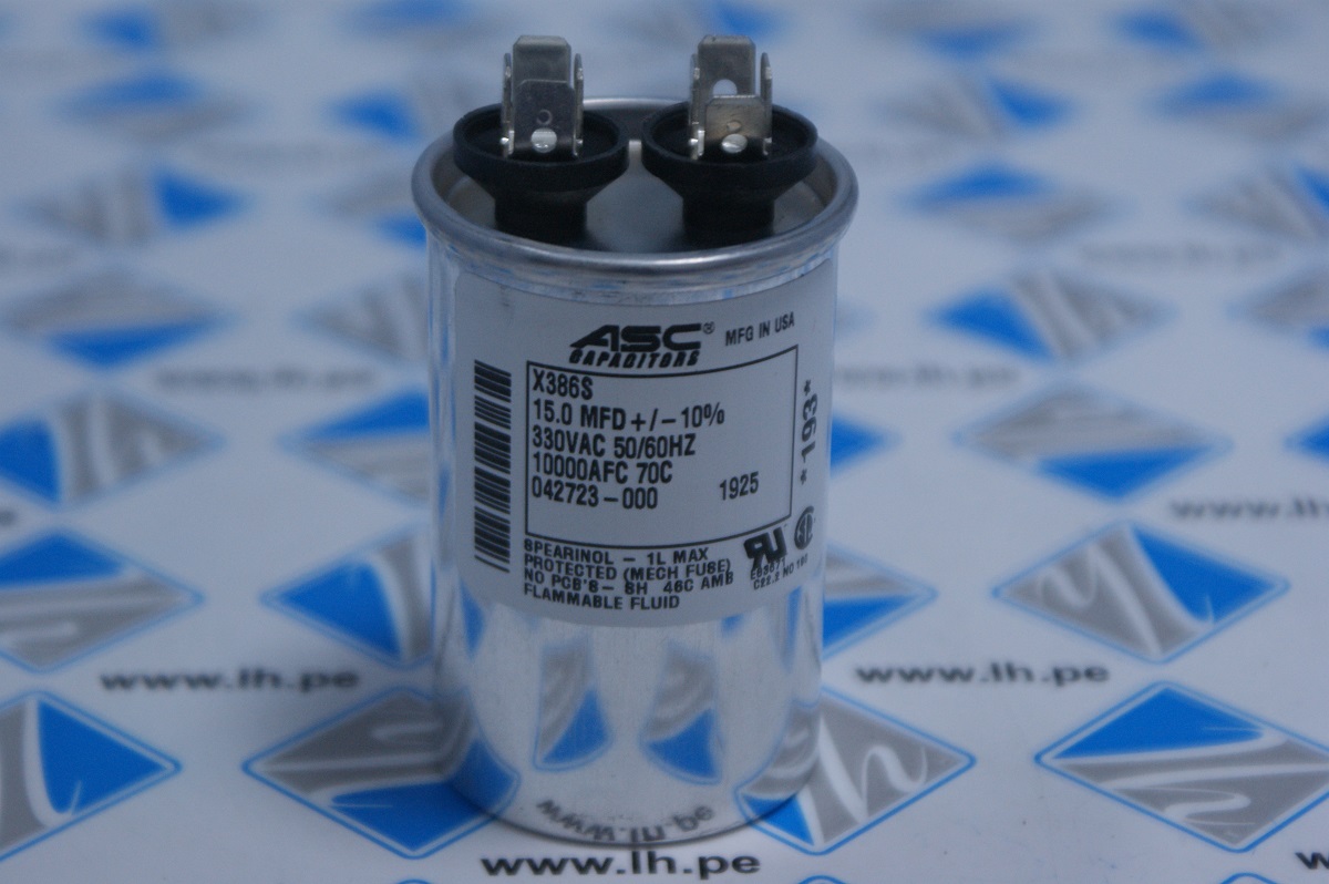 X386S-15-10-330                       Condensador, polipropileno metalizado, 15, 330VAC, +/-10%, desconexión rápida
