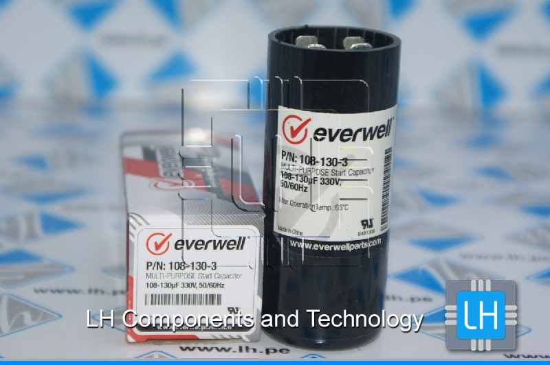 P/N: 108-130-3                  Capacitor arranque Multi-Purpose start 108-130uF, 330VAC, 50/60Hz. Everwell