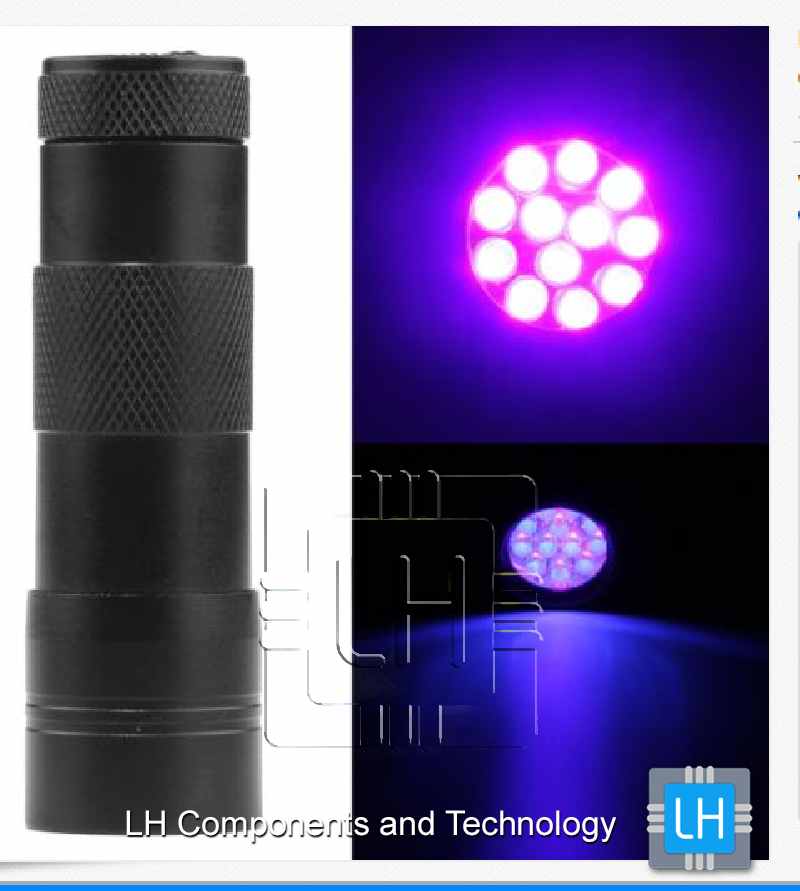 12LED UV      Linterna UV LED, Luz Ultravioleta 395nm, con Modo de Luz Blanca 200lm