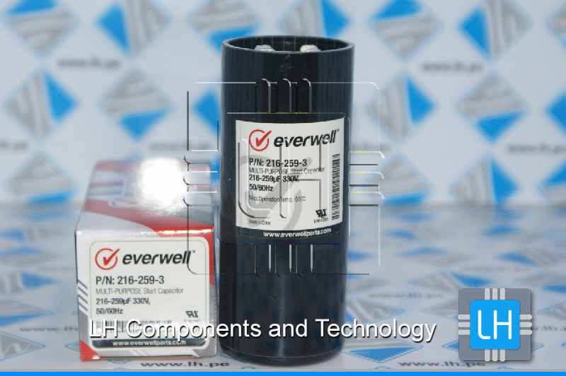 P/N: 216-259-3               Capacitor arranque Multi-Purpose start 216-259uF, 330VAC, 50/60Hz. Everwell