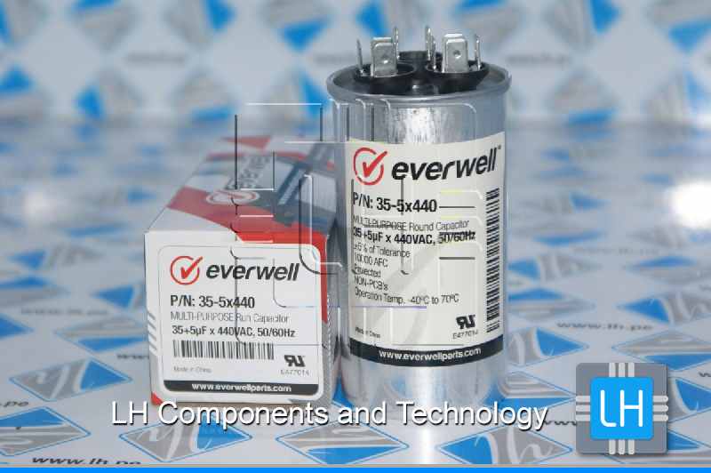 P/N: 35-5uFx440                 Condensador de doble funcionamiento redondo 35-5uF, 440VAC, 50/60Hz. Everwell