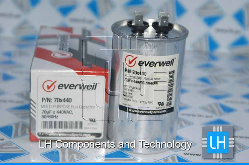 P/N: 70x440                 Capacitor Metalizado Multi-Purpose Run 70uF, 440VAC, 50/60Hz. Everwell