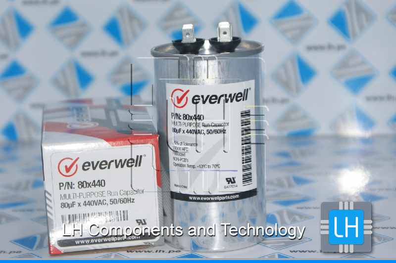 P/N: 80x440             Capacitor Metalizado Multi-Purpose Run 80uF, 440VAC, 50/60Hz. Everwell