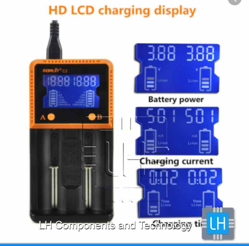 BORUIT C2           Cargador de USB Smart Pantalla LCD Inteligente para 26650/18650/18490/17335/16340/10440 Ni-MH/Ni-Cd/Li-ion AA/AAA/c