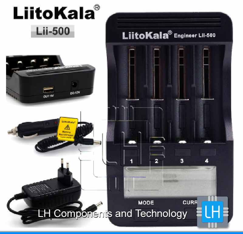 Lii-500+US+CAR       Cargador de Baterías inteligente LiitoKala Lii-500, Liitokala Lii-500 LCD 3.7 V 18650 18350 18500 16340 17500 25500 10440 14500 26650 1.2 V AA AAA NiMH