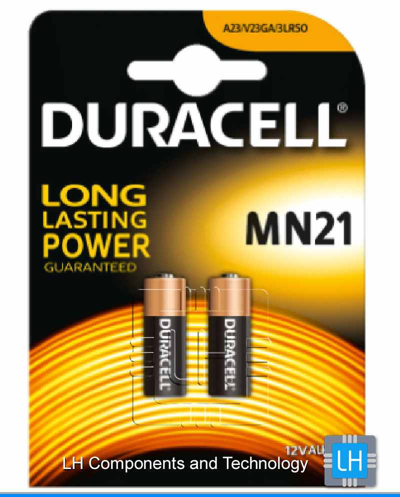 MN21 23A 8LR932 A23 V23GA             Pila alcalina 12V, 23A, A23, Pack de 2 pilas, 8LR932, 10x29mm, marca Duracell.