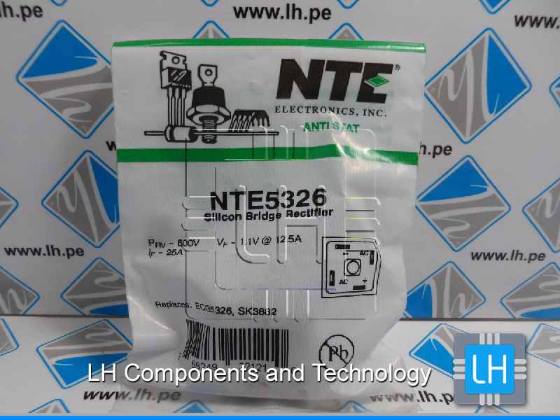 NTE5326            Puente rectificador unifase; Urmax: 600V; If: 25A; Ifsm: 400A; THT