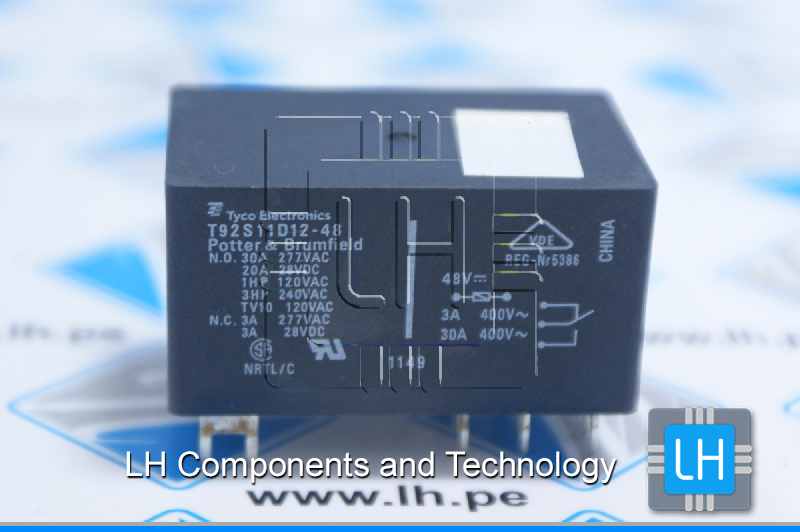 9-1393211-1 T92S11D12-48                  Relay electromagnético, DPDT, Bobina 48VDC, 30A